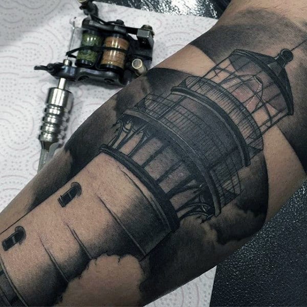Wonderful Black And Grey Lighthouse Tattoo Mens Forearm