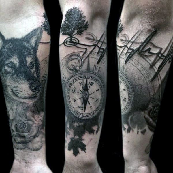 Wonderful Grey Compass And Fox Heartbeat Tattoo Male Full Sleeves
