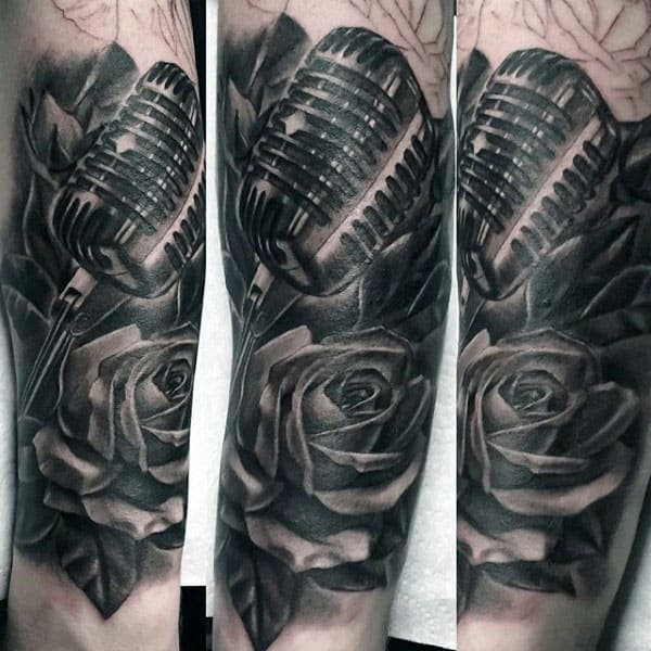 Wonderful Grey Shaded Microphone And Rose Tattoo