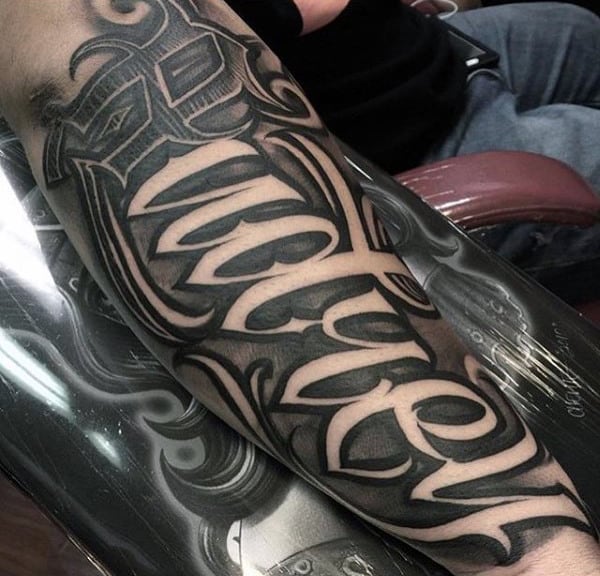 Wonderful Lettering Tattoo Mens Forearms