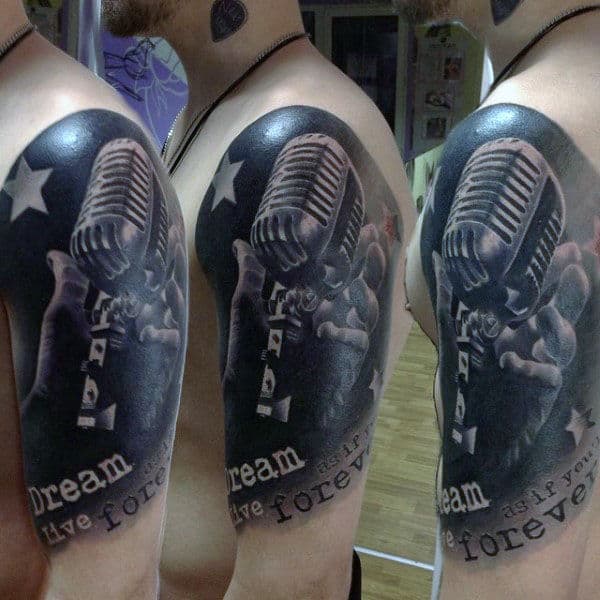 Wonderful Microphone Tattoo Mens Arms With Wordings