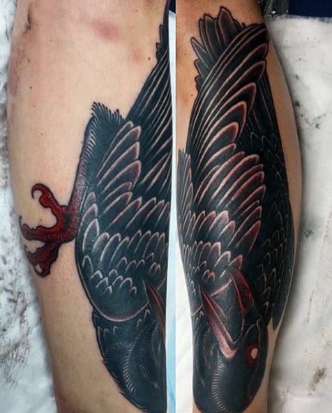 Wonderful Reddish Toned Black Raven Tattoo Mens Calves