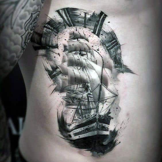 Wonderful Sketch Of Black And Grey Ship Tattoo Mens Torso