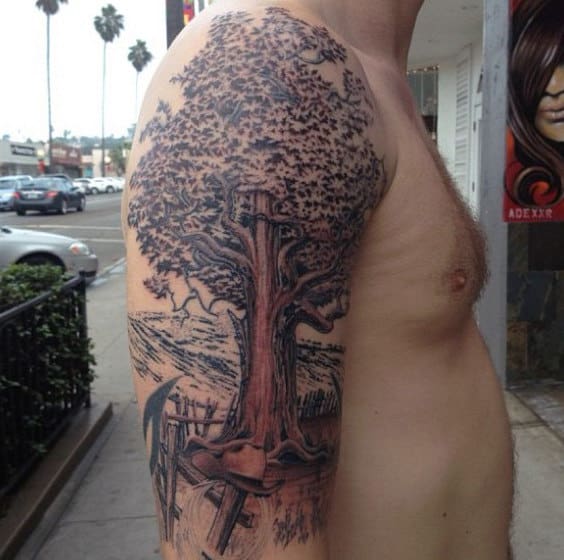 Wonderful Warm Oak Tree Tattoo On Arms For Guys
