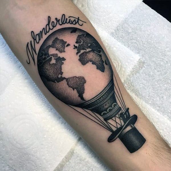 Wonderlust Mens Globe Hot Air Ballon Forearm Tattoos