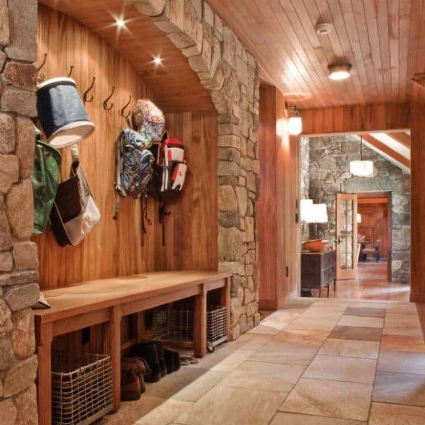 wood and stone veneer rustic mudroom ideas