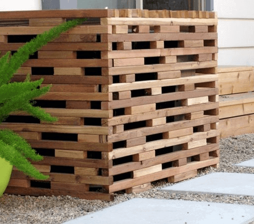 wood block modern pool equipment enclosure