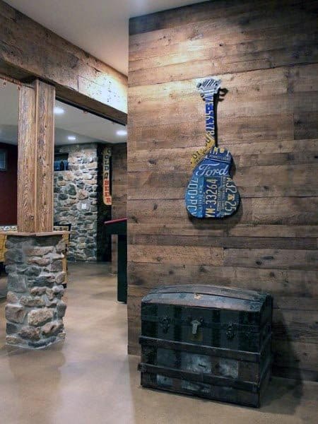 Wood Board Walls With Column Post Beam Stone Wrap Rustic Basement Ideas