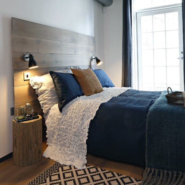 wood board headboard minimalistic bedroom wood log side table