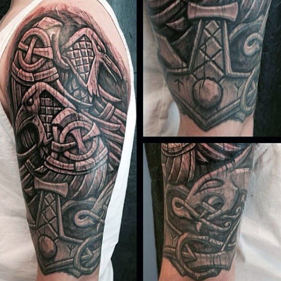 Wood Carved Guys Mjolnir Tattoo Half Sleeve
