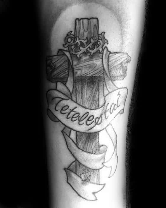 Wood Cross With Banner Tetelestai Male Forearm Tattoos