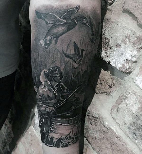 Wood Duck Leg Sleeve 3d Black And Grey Ink Mens Tattoo Designs