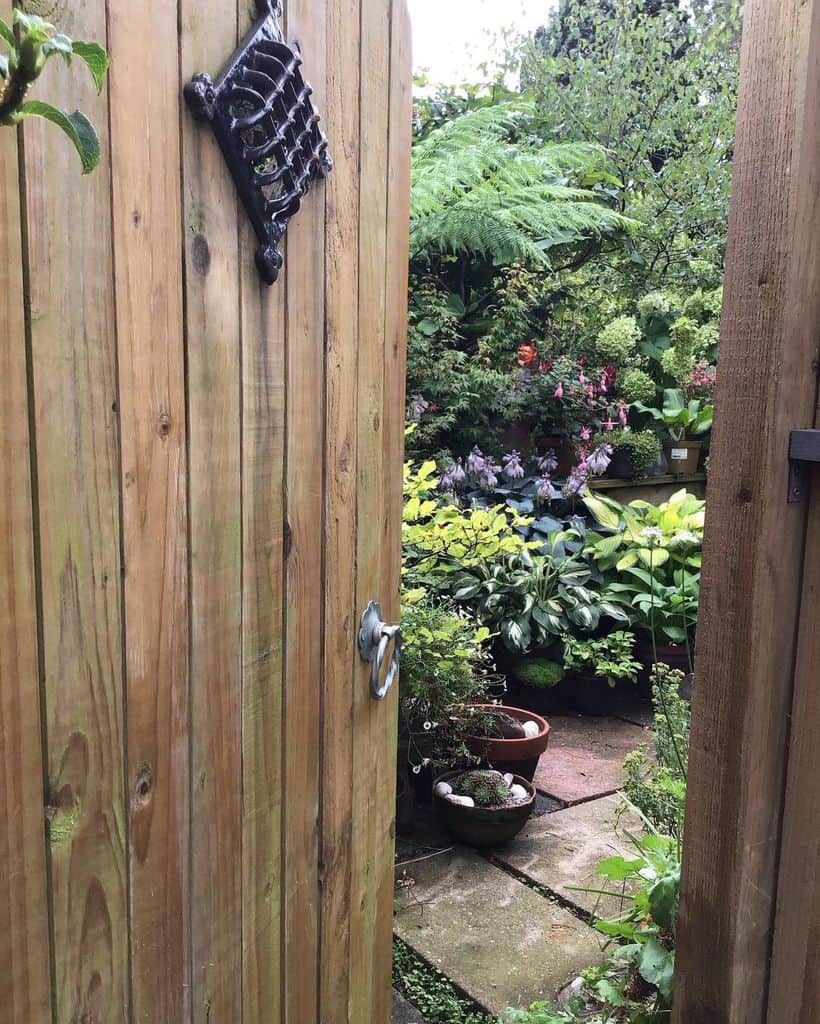 wood garden gate with black peep hole