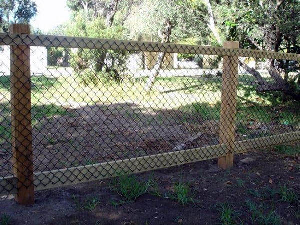 A chain-link fence with wooden posts in a sunny garden, surrounded by trees and lush grass