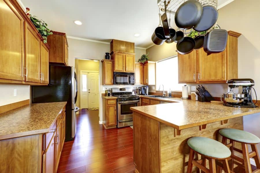 wood cabinet kitchen with hardwood floors