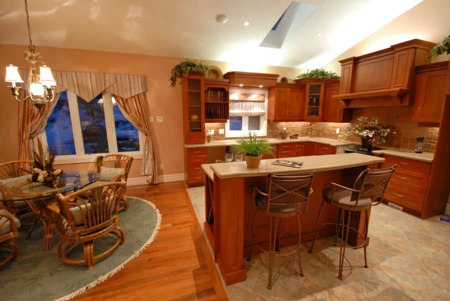 wood cabinet kitchen with open layout