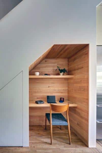 wood panel walls desk under stairs