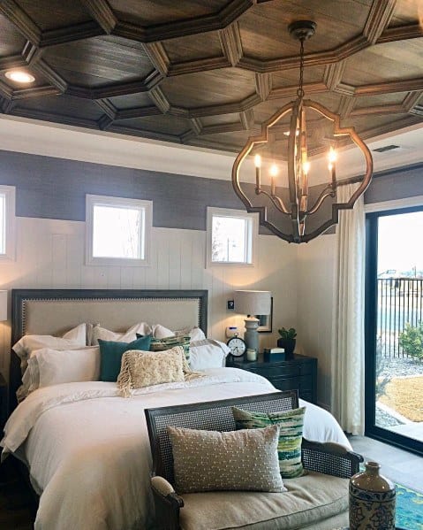 Wood Pattern Bedroom Coffered Ceiling Interior Ideas