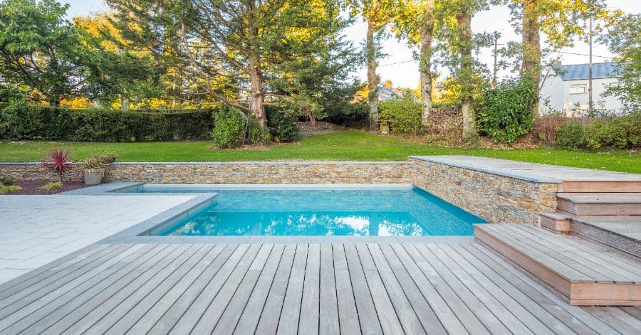wood deck with pool