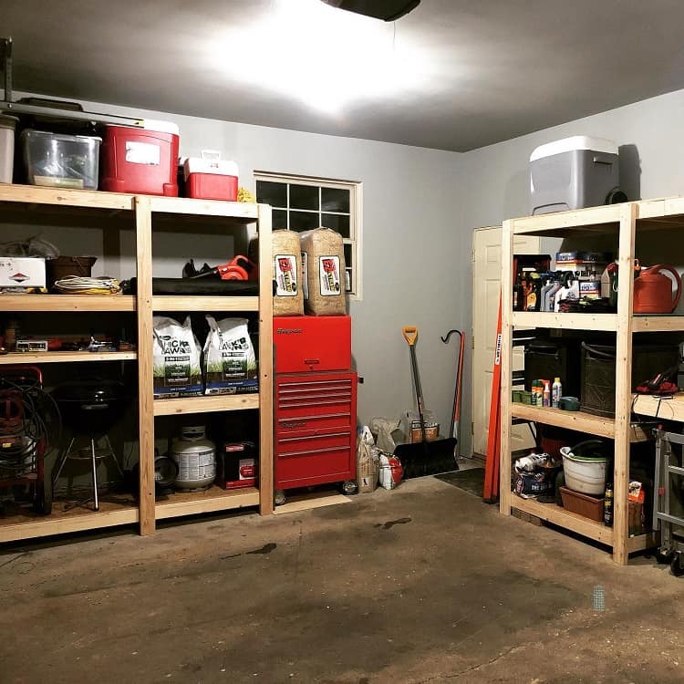 wood shelves small garage red toolbox 