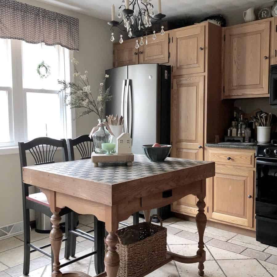 wood small kitchen island with chequered countertop