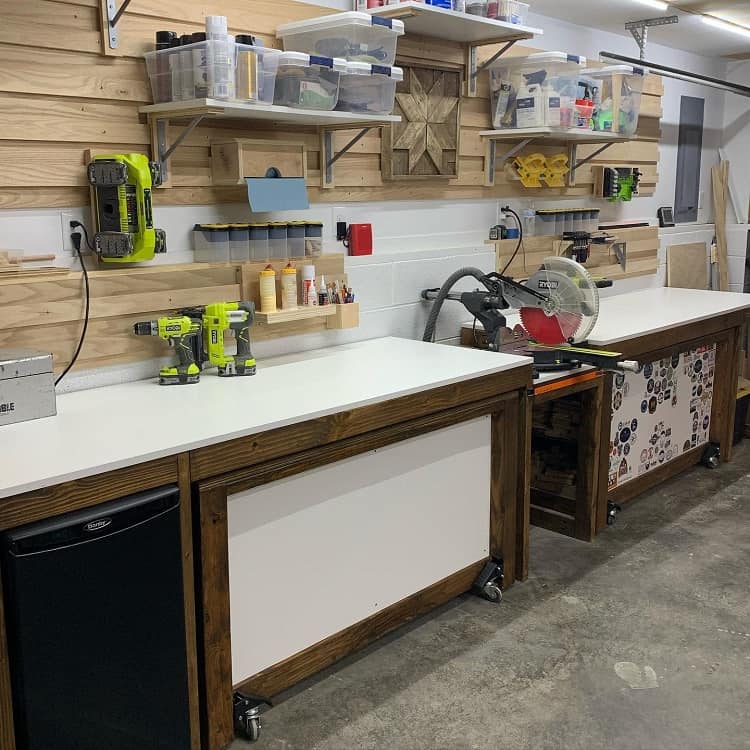 wood work garage two benches wall shelf storage 