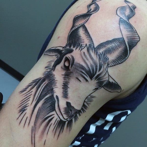 Woodcut Capricorn Mens Upper Arm Goat Tattoo