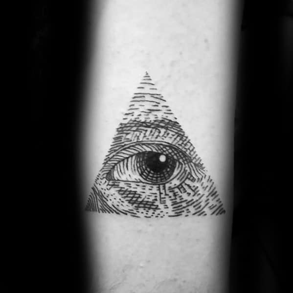 Woodcut Guys Eye Of Providence Triangle Small Forearm Tattoo