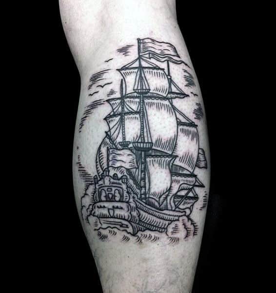 Woodcut Guys Nautical Leg Calf Ship Tattoo