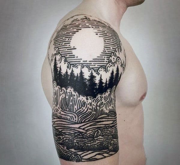 Bold blackwork tattoo on the upper arm featuring a stylized forest, rolling waves, and a large moon in a woodcut-style design.