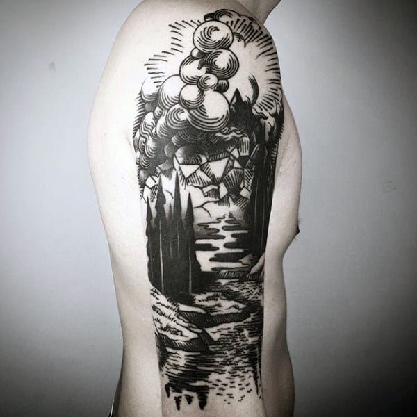 Woodcut Male Landscape Half Sleeve Tattoo Inspiration