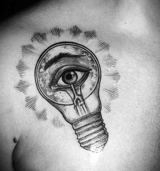 Woodcut Male Light Bulb Eye Upper Chest Tattoo Ideas