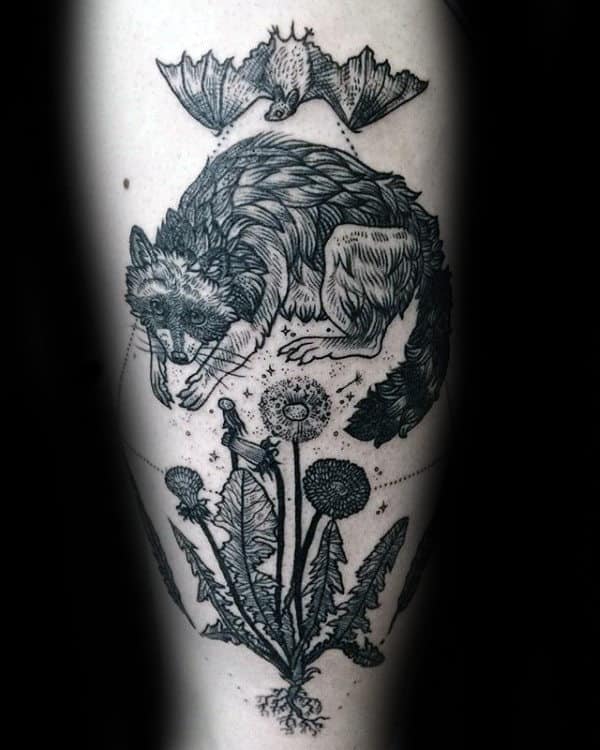 Woodcut Male Raccoon Arm Tattoo