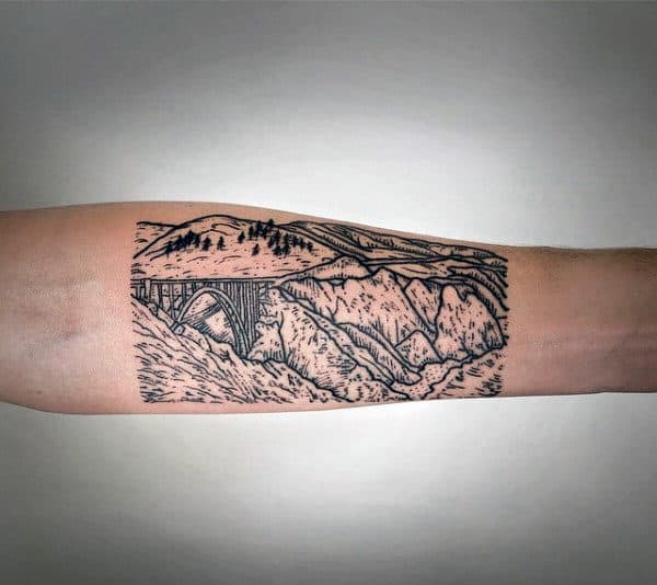 Woodcut Mens Inner Forearm Bridge Tattoo Designs