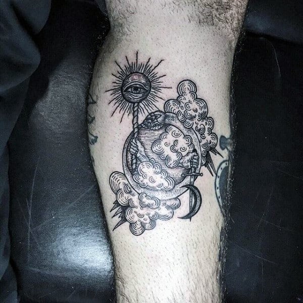 Woodcut Mens Ouroboros Leg Tattoo Designs