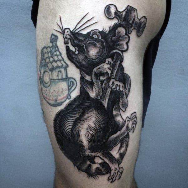 Woodcut Mens Rat With Hammer Guys Thigh Tattoos
