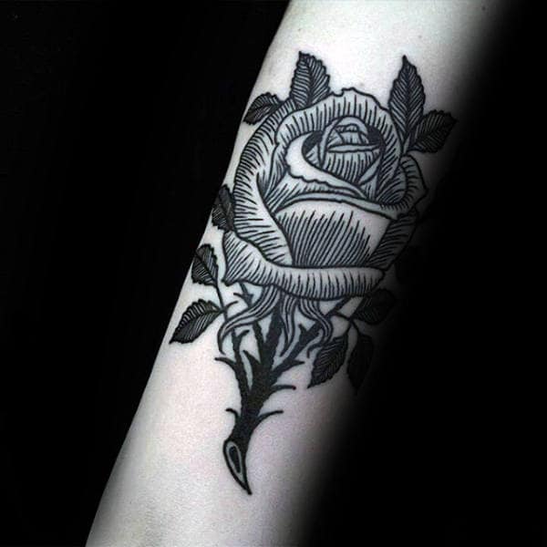 Woodcut Traditional Rose Flower Mens Forearm Tattoo