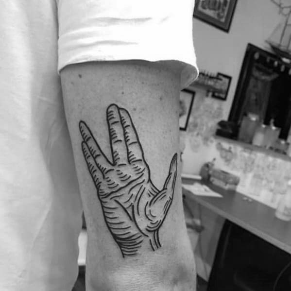 Woodcut Vulcan Salute Star Trek Tattoos For Gentlemen On Back Of Arm Tricep