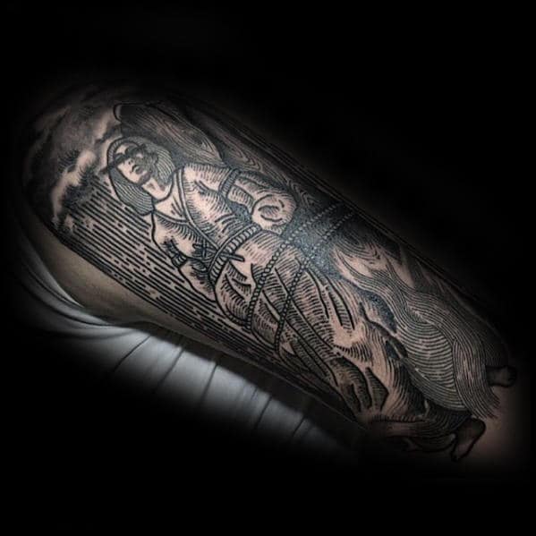 Woodcut Witch Fire Unusual Half Sleeve Tattoos For Guys