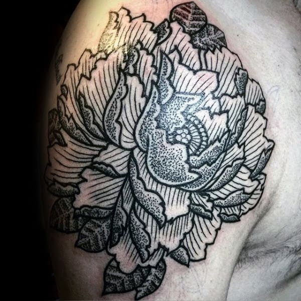 Woodcut With Dotwork Deisgn Peony Upper Arm Flower Tattoo On Male