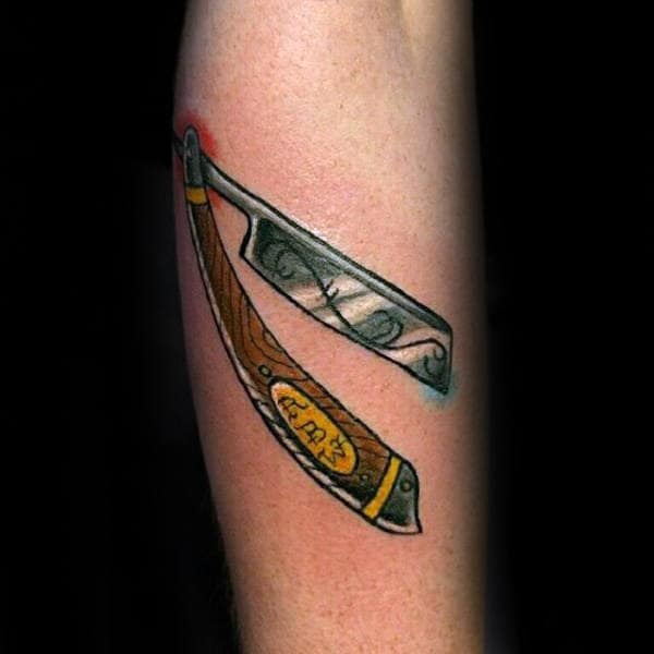 Wooden Handled Straight Razor Tattoo Male Forearms