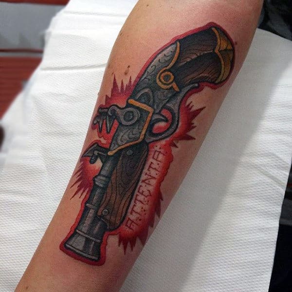 Wooden Pistol With Red Explosion Tattoo On Forearms For Men