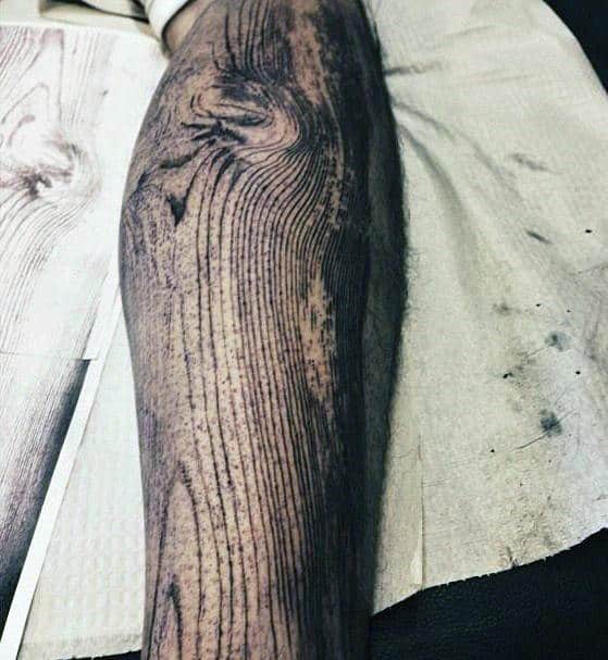 Woodgrain Male Wood Carving Forearm Sleeve Tattoo