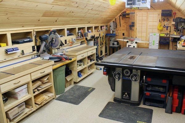 wood panel wall and ceiling garage table saw