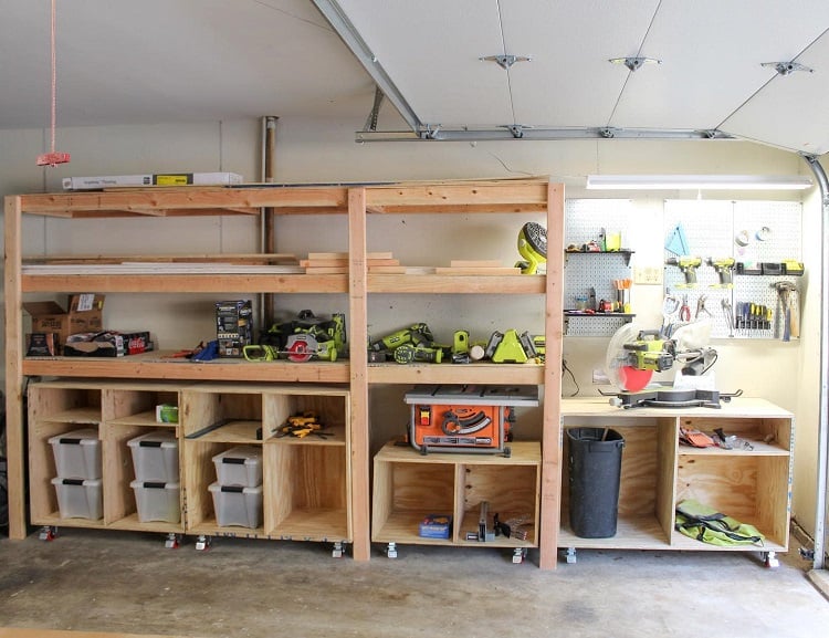 work space open wooden garage shelves 