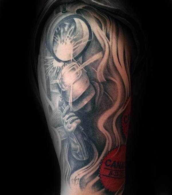 Working Welder Mens Arm Half Sleeve Tattoos