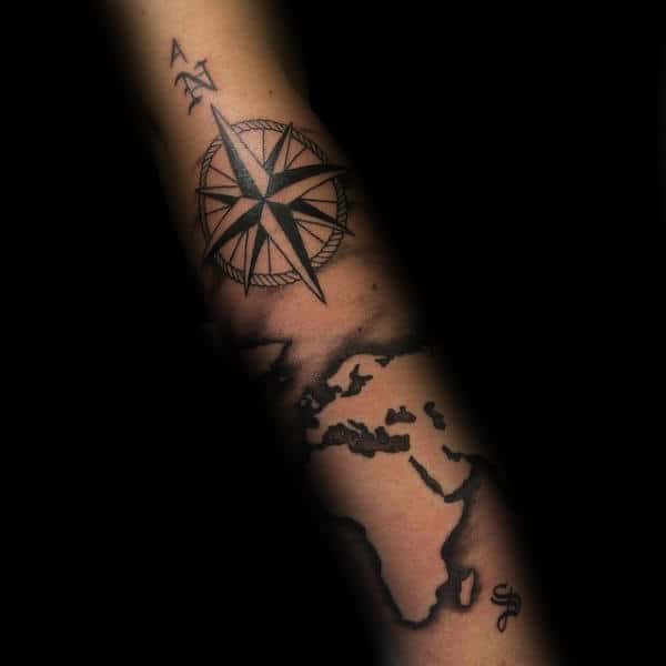 World Atlas With Nautical Star Mens Forearm Tattoos