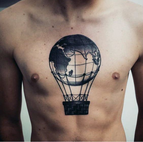 World Globe Hot Air Balloon Mens Chest Tattoos