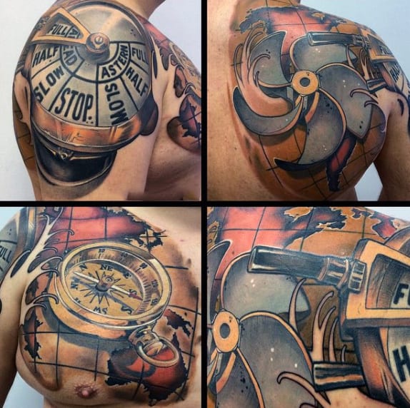 World Map And Compass New School Tattoo Male Back