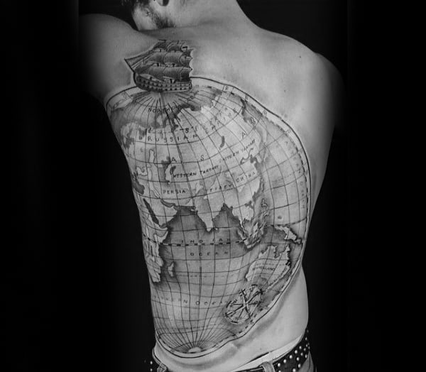 World Map Guys Globe Full Back Tattoo